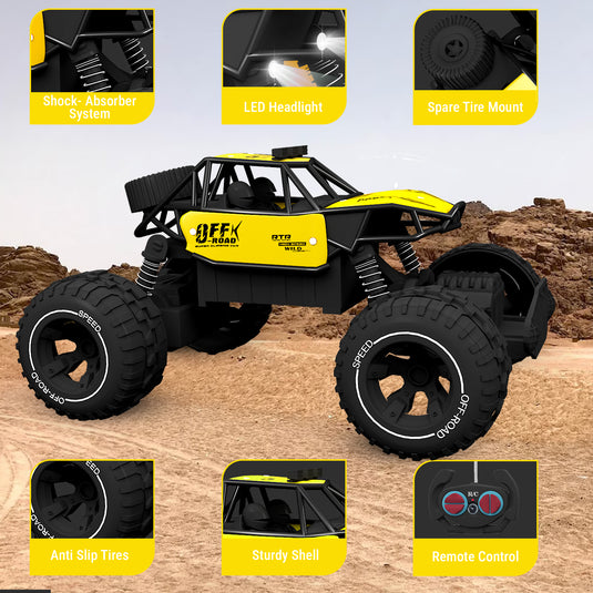 CUBIKS Remote Control Car Toy - Yellow | LED Head Lights | Ideal for Kids | USB Rechargeable | Best for Birthday Gift | High Speed Toy