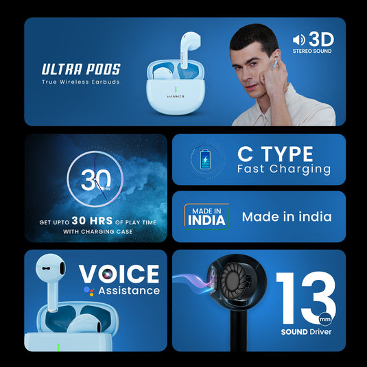 Hammer Ultra Pods TWS Earbuds with 3D Stereo Sound & Touch Controls