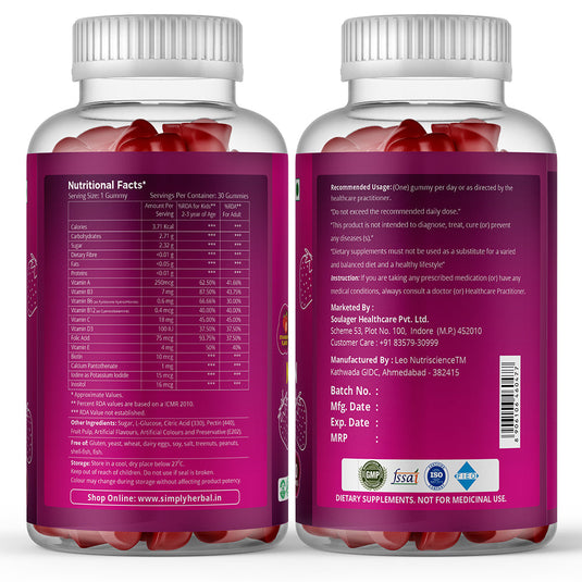 Simply Herbal Multivitamin Gummies With Calcium, Biotin, Vitamin A B C for Kids & Adults – 30 Count
