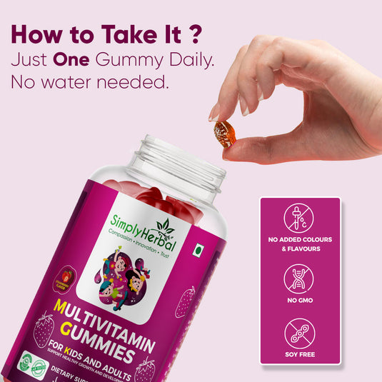 Simply Herbal Multivitamin Gummies With Calcium, Biotin, Vitamin A B C for Kids & Adults – 30 Count