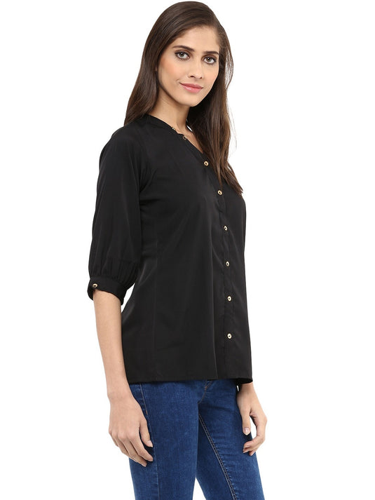 Pannkh Women's Black Shirt Top With Detailed Notch Designs