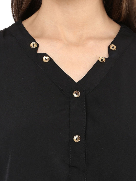 Pannkh Women's Black Shirt Top With Detailed Notch Designs