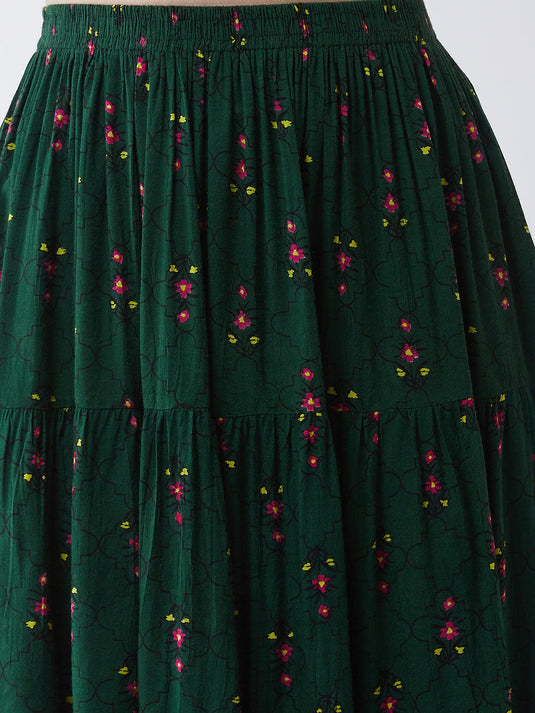Green Mughal Printed Top With Skirt And Embroidered Shrug