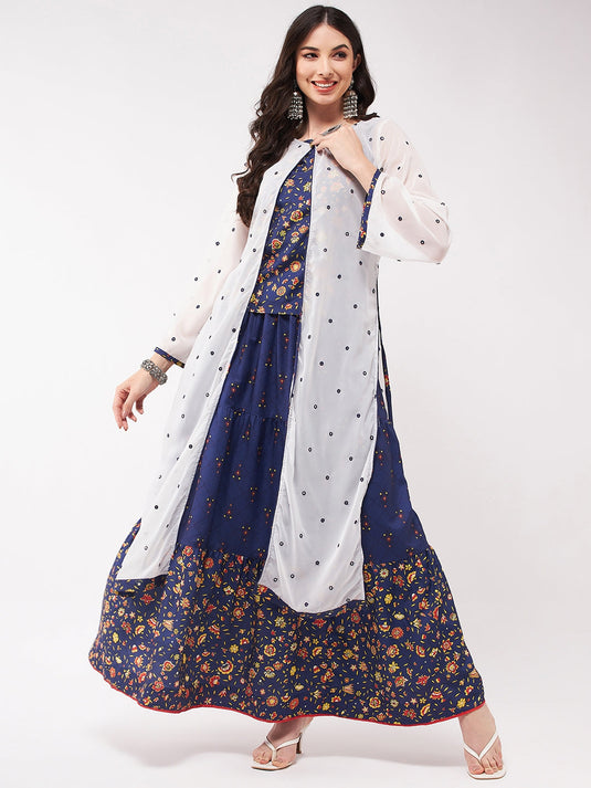 Mughal Printed Top With Skirt And Embroidered Shrug
