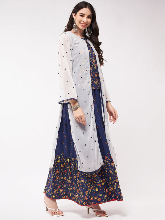 Mughal Printed Top With Skirt And Embroidered Shrug