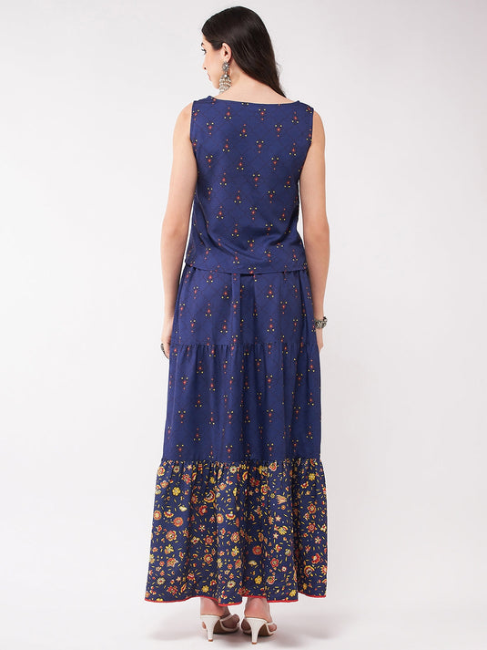 Mughal Printed Top With Skirt And Embroidered Shrug