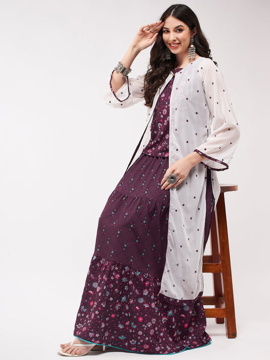 Mughal Printed Top With Skirt And Embroidered Shrug