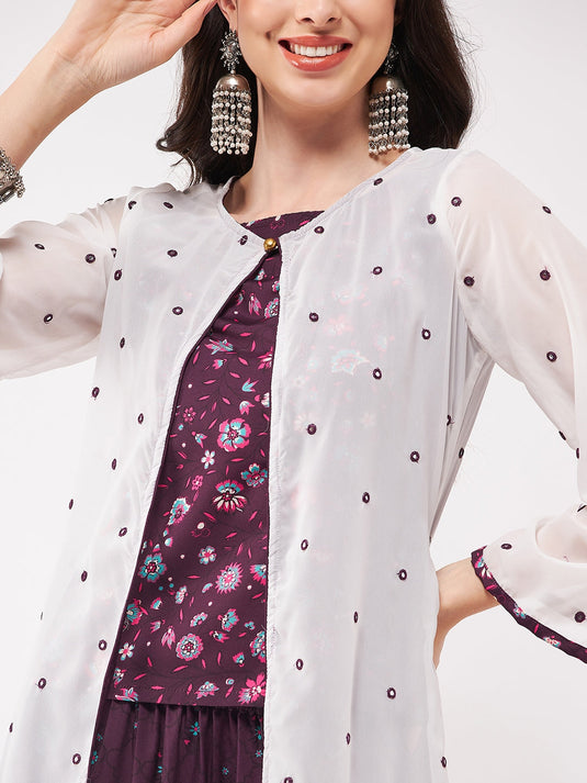 Mughal Printed Top With Skirt And Embroidered Shrug