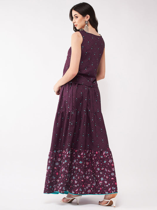 Mughal Printed Top With Skirt And Embroidered Shrug