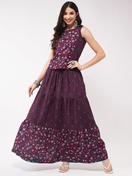 Mughal Printed Top With Skirt And Embroidered Shrug