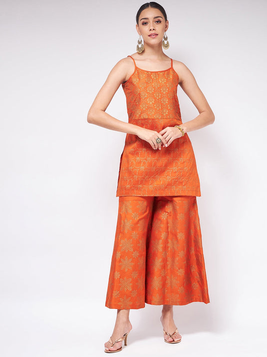Shringaar Orange Festive Block Printed Strapy Kurta With Sharara