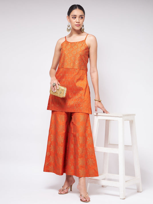 Shringaar Orange Festive Block Printed Strapy Kurta With Sharara