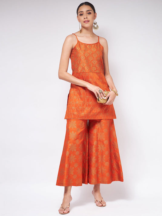 Shringaar Orange Festive Block Printed Strapy Kurta With Sharara