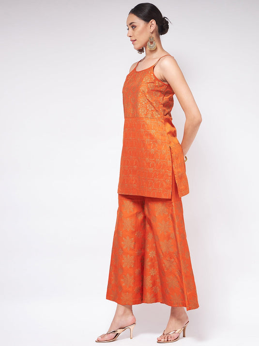 Shringaar Orange Festive Block Printed Strapy Kurta With Sharara
