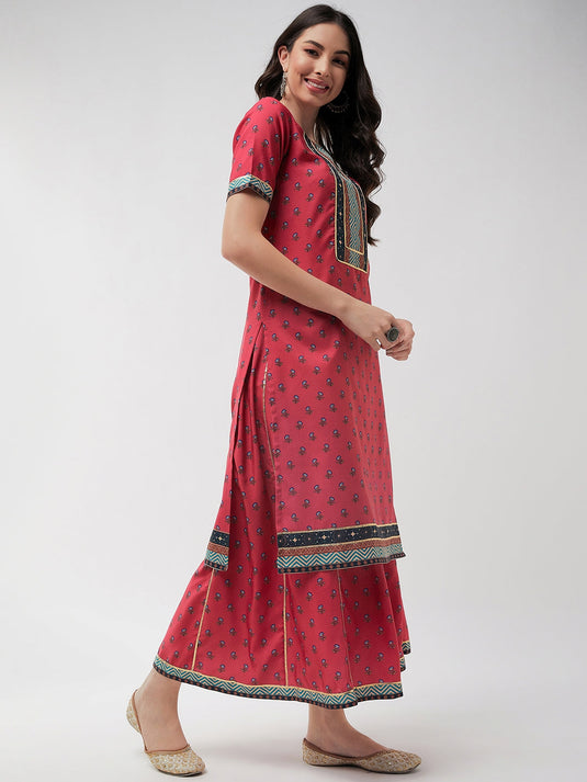 Wedding Inspired Digital Printed Yoke With Lace Kurta With Flared Palazzo Set
