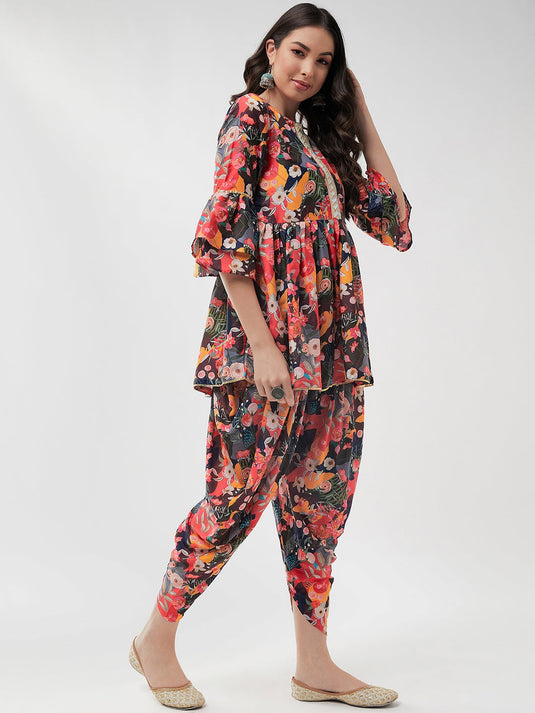 Digital Printed Short Empire-Cut Kurta With Lace Details And Dhoti Pant Set