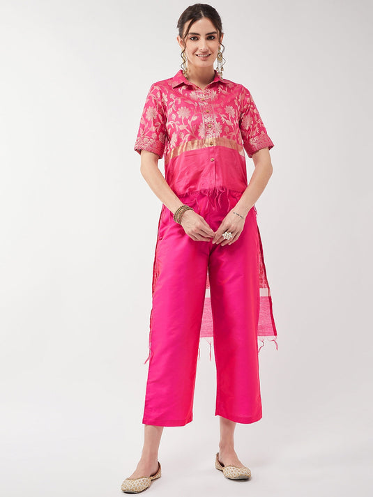 Festive Jacquard High-Low Top With Matching Pant Set