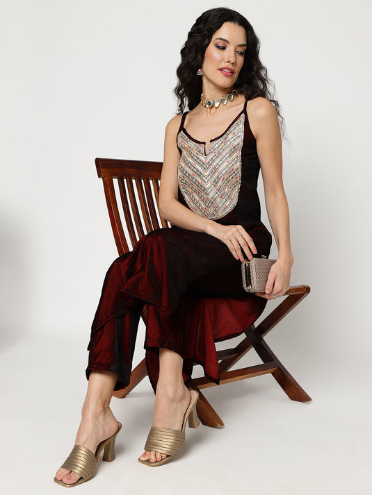 Velvet Embroidered Yoke Strappy Kurta With Straight Pant Set