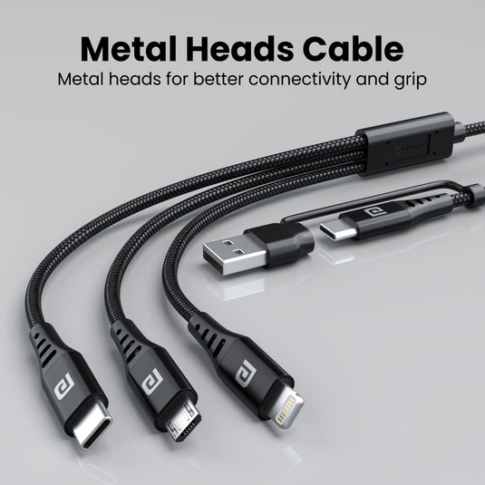 Black Portronics Konnect J9 3-in-1 USB cable has Type-C, Micro USB and 8-pin with metal head