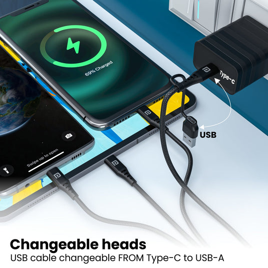 Black Portronics Konnect J9 3-in-1 USB cable has Type-C, Micro USB and 8-pin can charge multi devices at a time