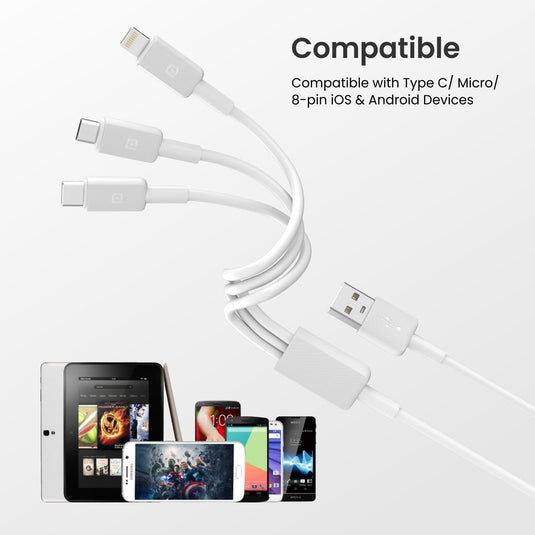 White Portronics Konnect Link 3. Connect Lightning, Micro USB, and Type-C devices with this compact, tangle-free 3-in-1 cable.