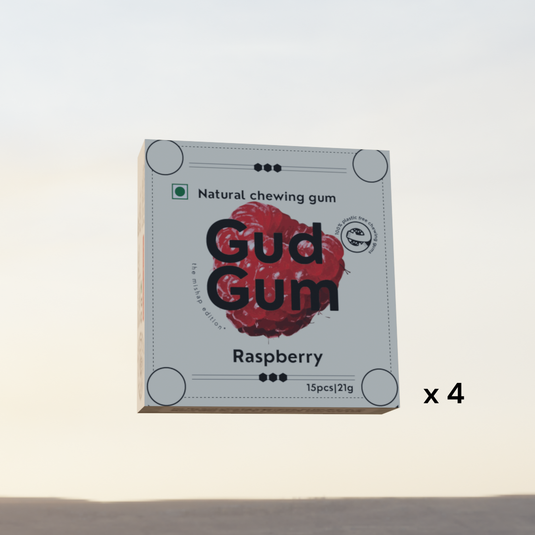 Raspberry Chewing Gum - Plastic-Free, Sugar-Free, Natural, Biodegradable, Vegan. 15 Pieces per Pack, 21g, 4 Packs