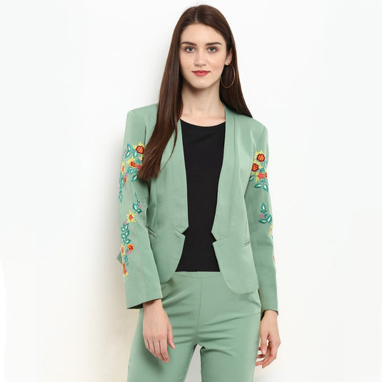 Pannkh Women's Pastel Green Embroidered Blazer