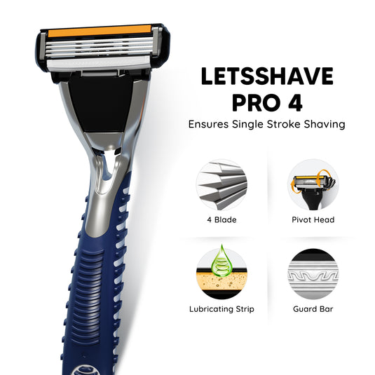 Pro 4 Gift Set for Men- Razor Handle+ 4 Blade Refills with Free Travel Cap, After Shave balm and Transparent Shave Gel 30ml, Travel Pouch