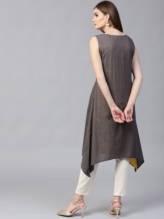 Pannkh Women's Sleeveless Embroidered Asymmetric Kurta