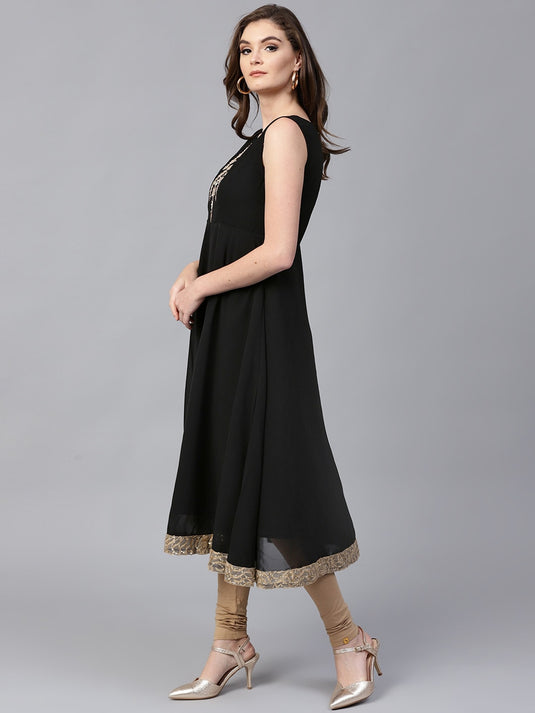 Pannkh Women's Sleeveless Shimmer Embroidered Anarkali Kurta