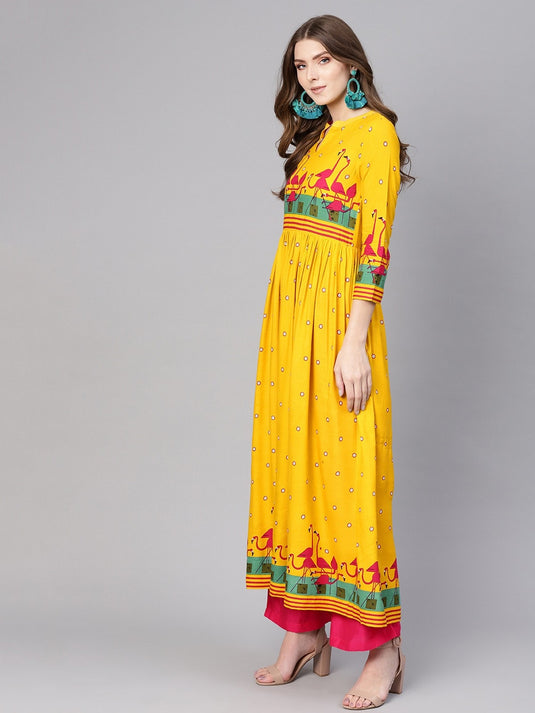 Yellow Gathered Flamingo Long Kurta
