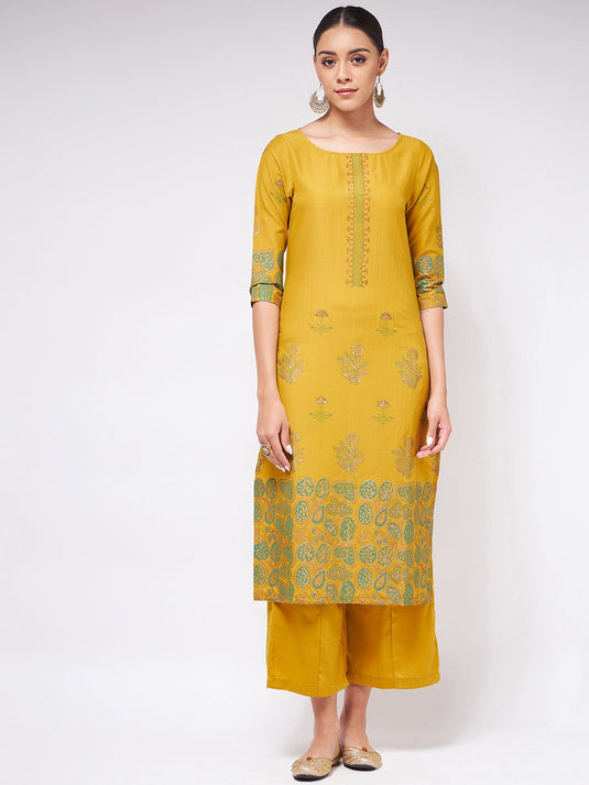 Shringaar Mustard Block Printed Round Neck Straight Fit Kurta