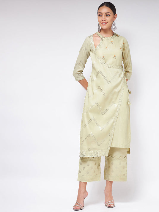 Pista Festive Foil Printed Angarkha Style Kurta