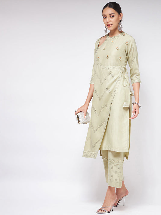 Pista Festive Foil Printed Angarkha Style Kurta