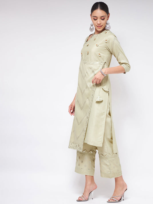 Pista Festive Foil Printed Angarkha Style Kurta