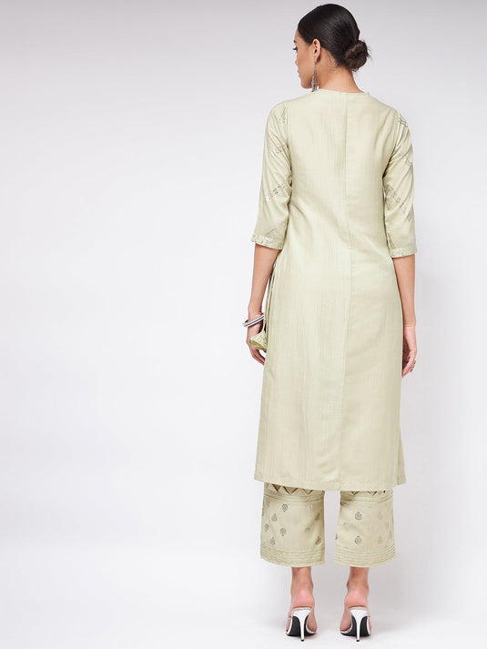 Pista Festive Foil Printed Angarkha Style Kurta