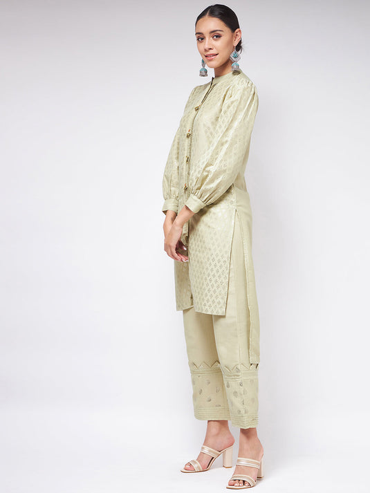 Pista Festive Foil Printed Shirt Style Kurta With High-Low Hemline