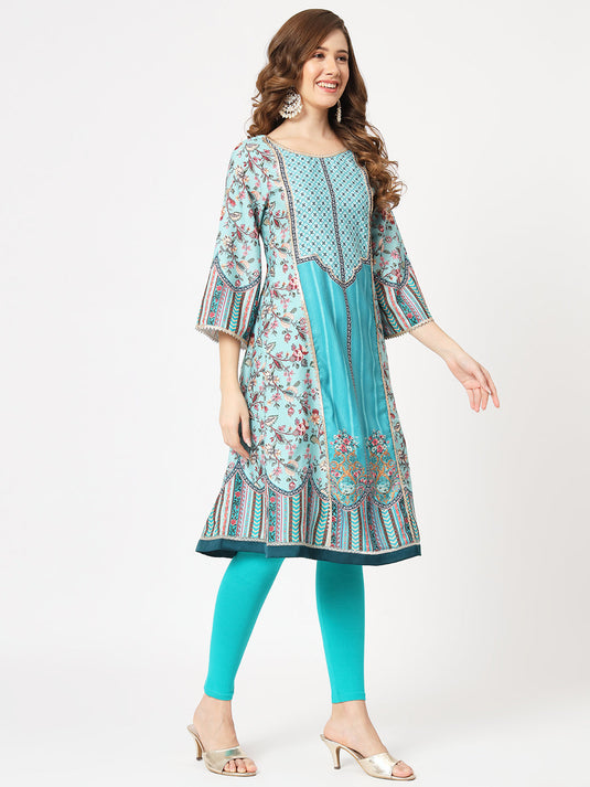 Wedding Inspired Digital Printed Flared Kurta With Lace Panels