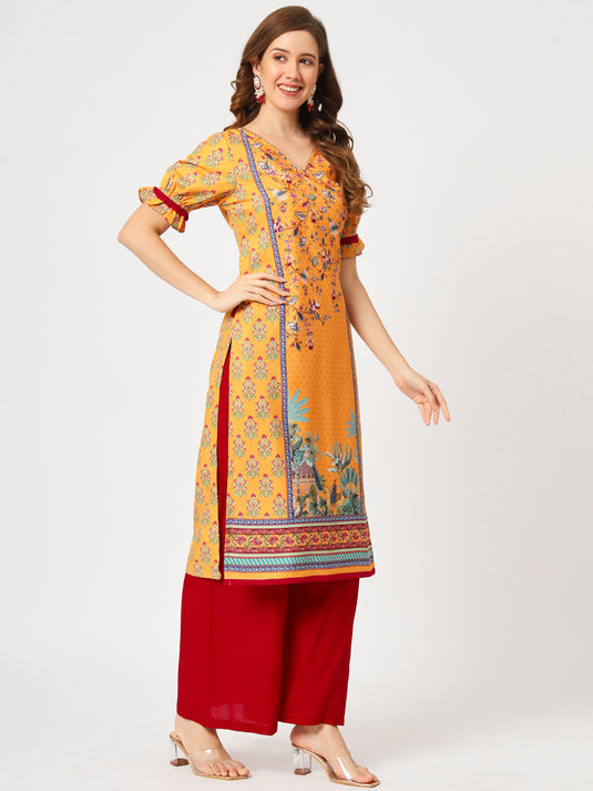 Wedding Inspired Digital Printed Kurta With Laced V-Neckline