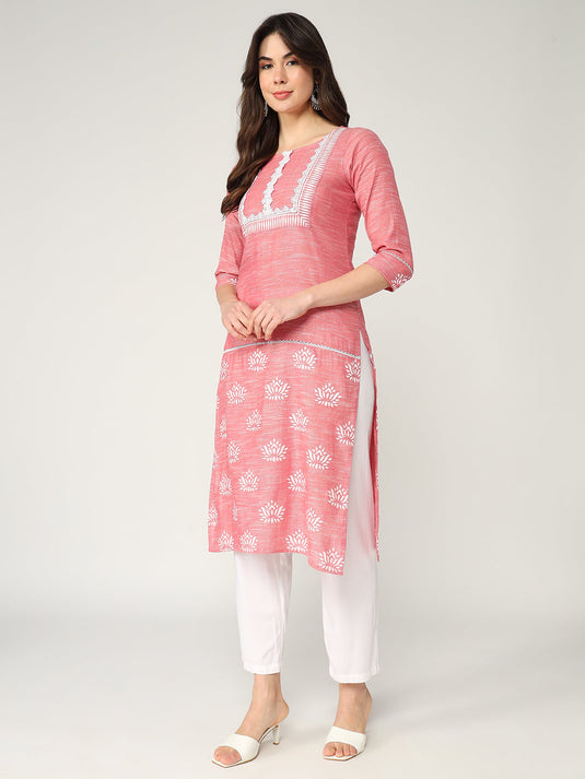 Straight Fit Printed Kurta With Lace At Front Yoke
