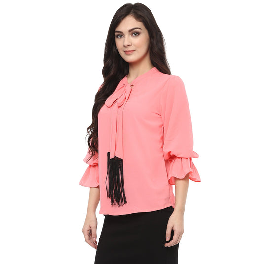 Pannkh Women's Solid Tie-Up Top With Fringes