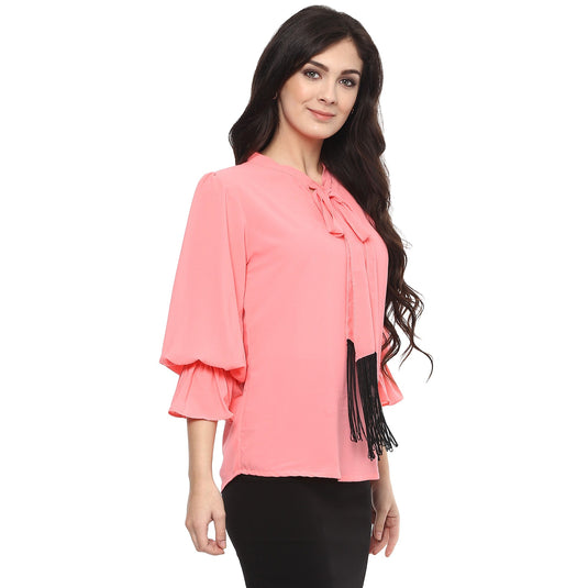 Pannkh Women's Solid Tie-Up Top With Fringes