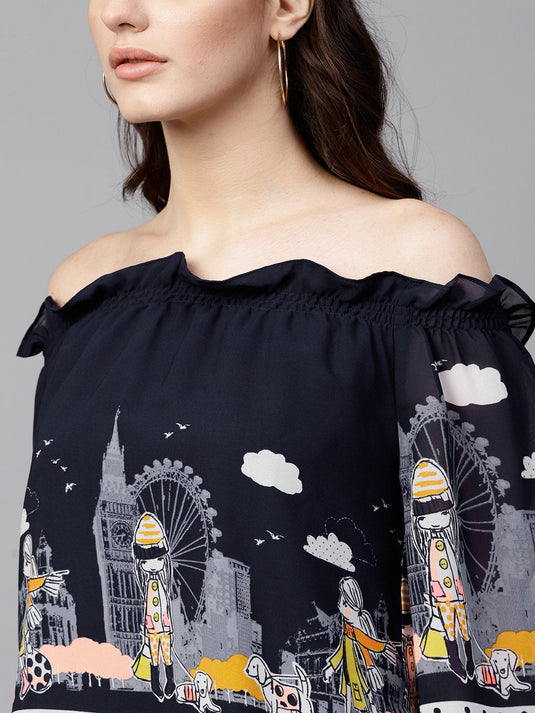 Pannkh Women's Off-Shoulder Fusion Printed Top