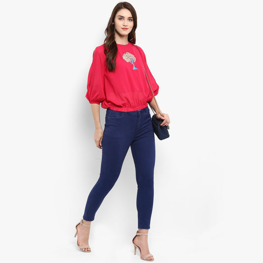Pannkh Women's Solid Embroidered Balloon Top