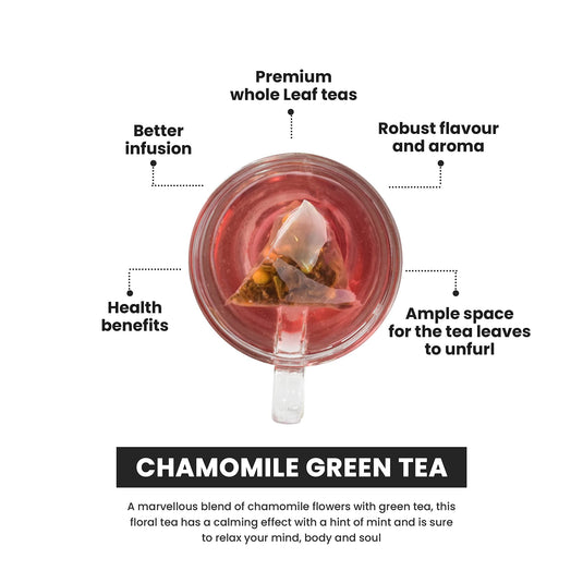 ChaiSpa Chamomile Tea -20 Dust Free Green Tea Pyramid Bags (20x3gm, Pack of 1)|Anti-Acne Tea|Other Herbal Ingredients-Spearmint, Hibiscus|Blended with Finest Green Tea Leaves