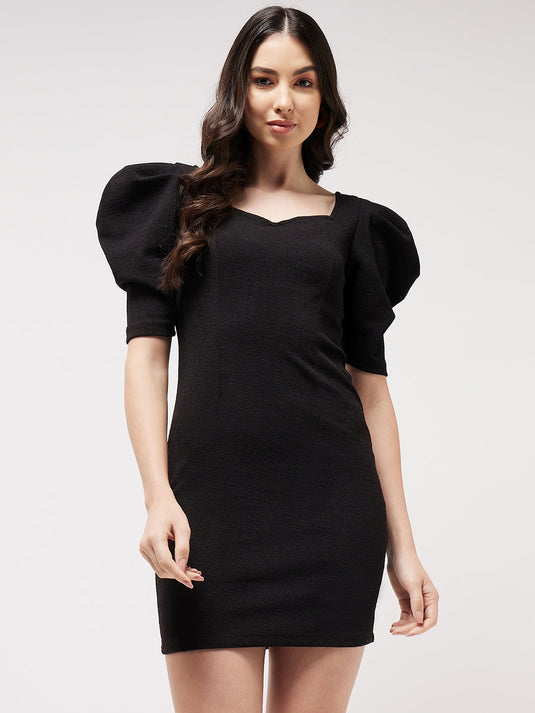 Solid Fitted Sweetheart Dress With Extra Puffy Sleeves