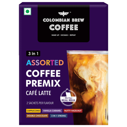 Colombian Brew 3 in 1 Assorted Instant Coffee Premix Cappuccino, Nutty Hazelnut, Vanilla Caramel, Double Choco Mocha,2 in 1 Strong, 2 Sachet per flavour
