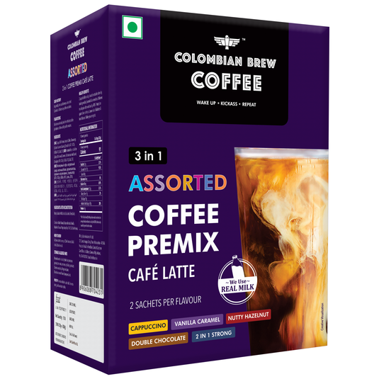 Colombian Brew 3 in 1 Assorted Instant Coffee Premix Cappuccino, Nutty Hazelnut, Vanilla Caramel, Double Choco Mocha,2 in 1 Strong, 2 Sachet per flavour