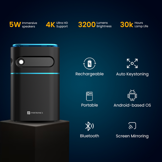 Portronics pico 12 Smart LED mini bluetooth portable projector| mini android projector with multi features| mini projector for home. Black