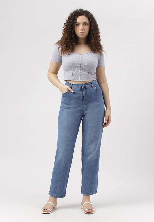 Mid Indigo High Rise Straight Jeans